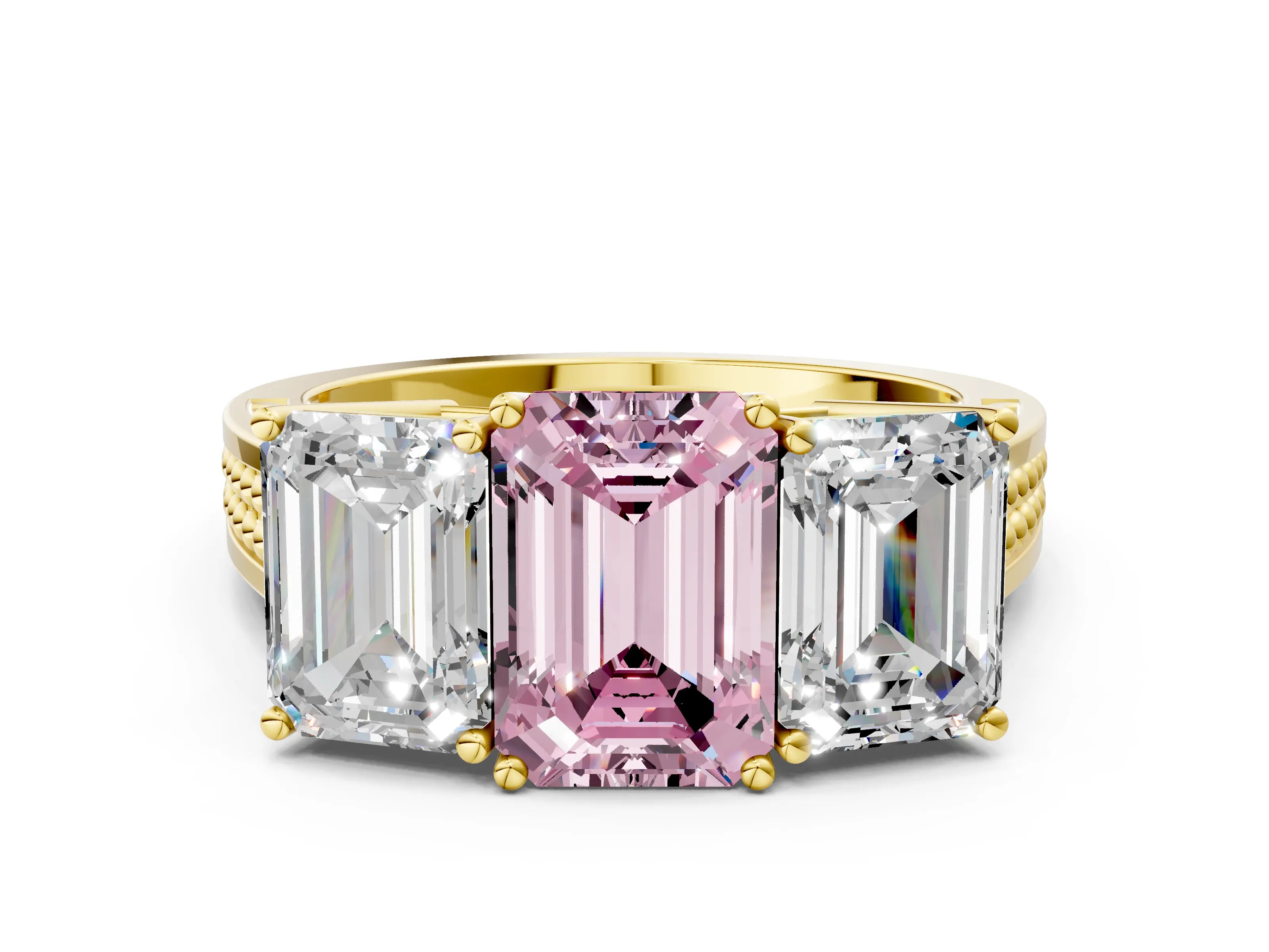 Yellow gold Fancy Pink Emerald Cut Diamond Three-Stone Ring with Prong Setting and Textured Band