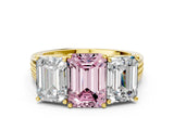 Yellow gold Fancy Pink Emerald Cut Diamond Three-Stone Ring with Prong Setting and Textured Band