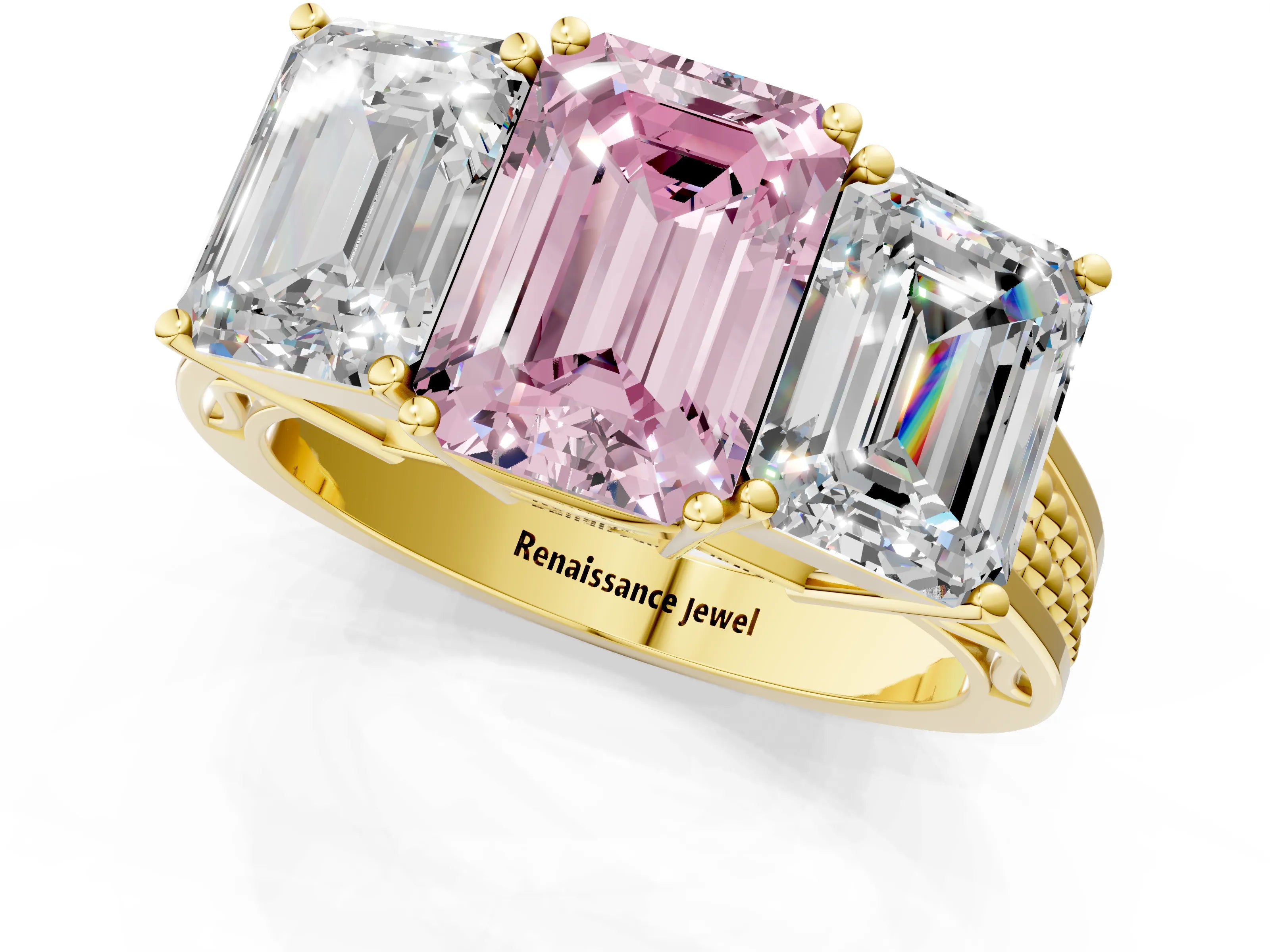 Yellow gold Fancy Pink Emerald Cut Diamond Three-Stone Ring with Prong Setting and Textured Band_1