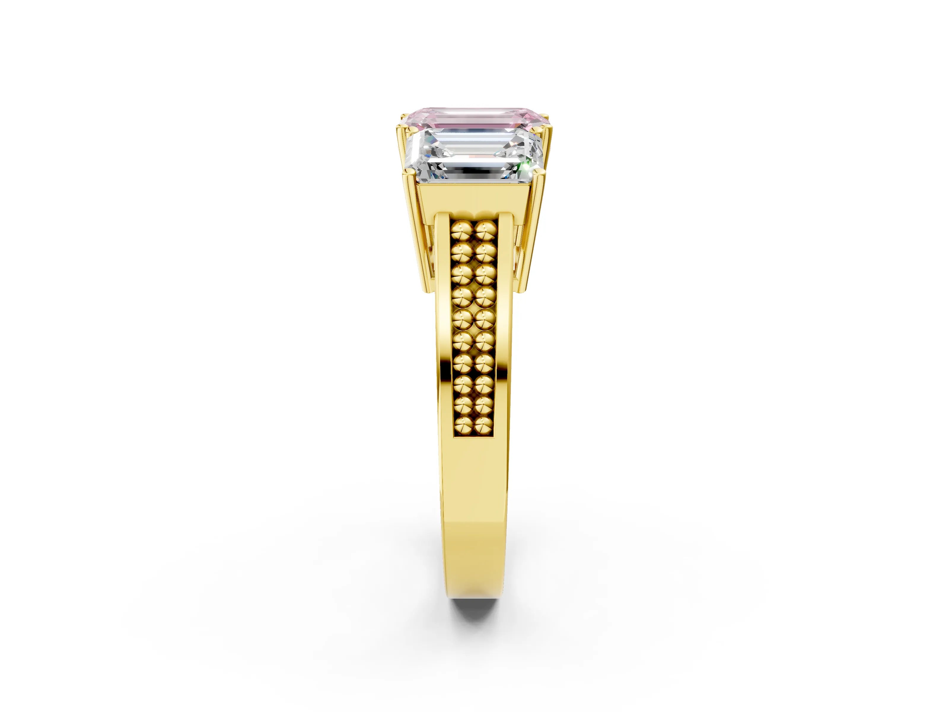 Yellow gold Fancy Pink Emerald Cut Diamond Three-Stone Ring with Prong Setting and Textured Band_2