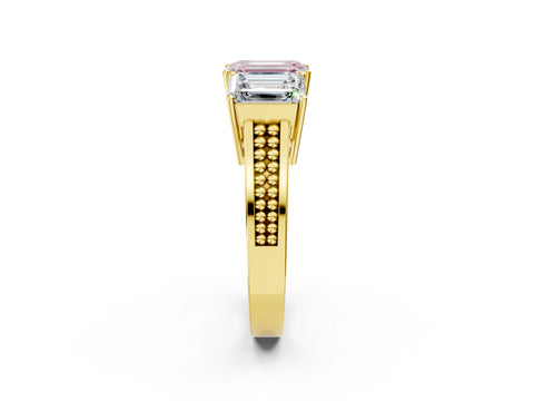 Yellow gold Fancy Pink Emerald Cut Diamond Three-Stone Ring with Prong Setting and Textured Band_2