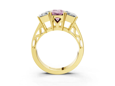 Yellow gold Fancy Pink Emerald Cut Diamond Three-Stone Ring with Prong Setting and Textured Band_3