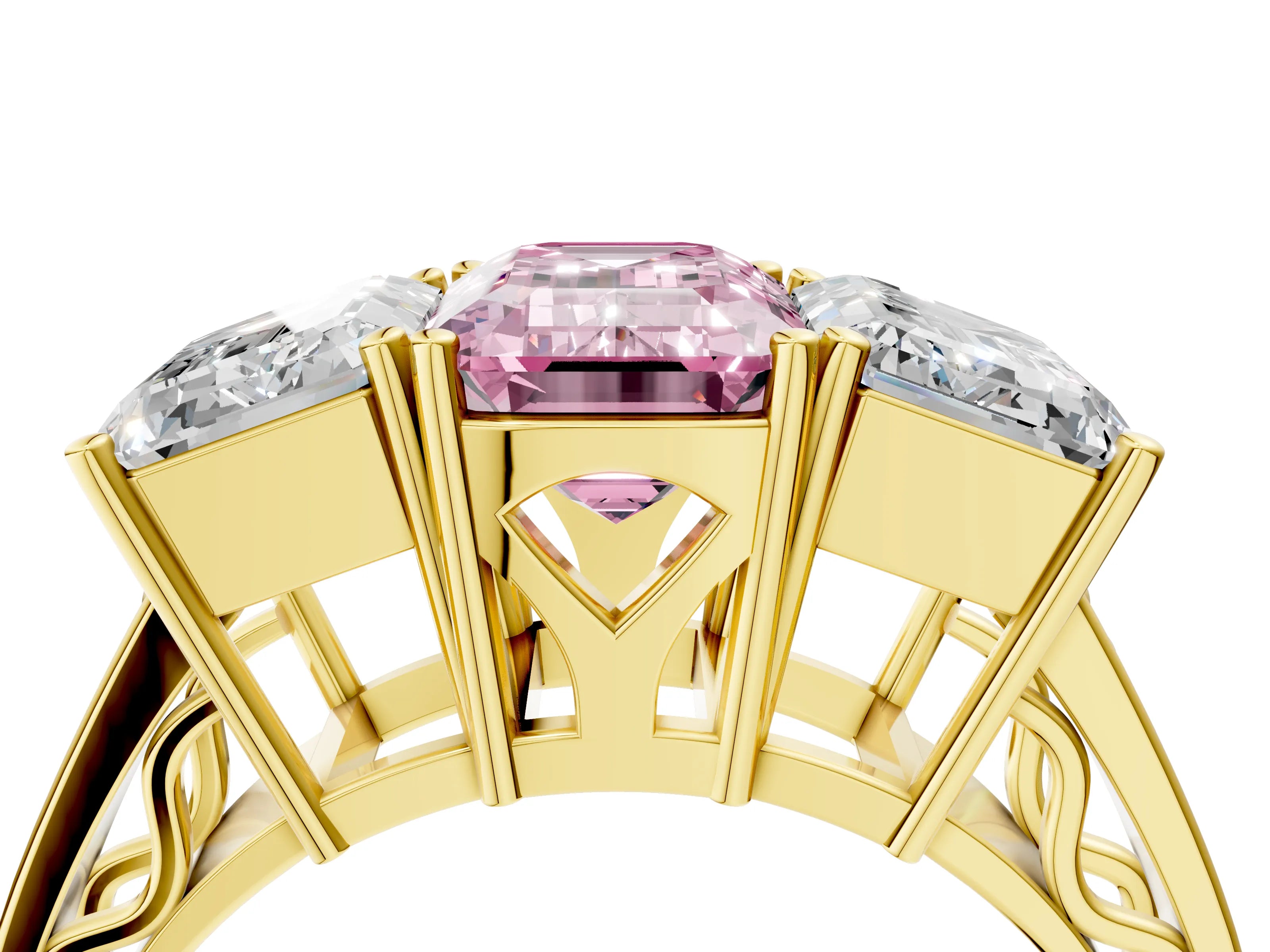 Yellow gold Fancy Pink Emerald Cut Diamond Three-Stone Ring with Prong Setting and Textured Band_4