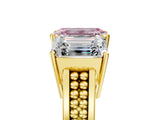 Yellow gold Fancy Pink Emerald Cut Diamond Three-Stone Ring with Prong Setting and Textured Band_5