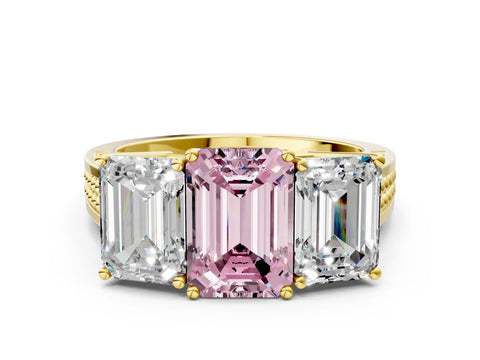 Yellow gold Fancy Pink Emerald Cut Diamond Three-Stone Ring with Prong Setting and Textured Band