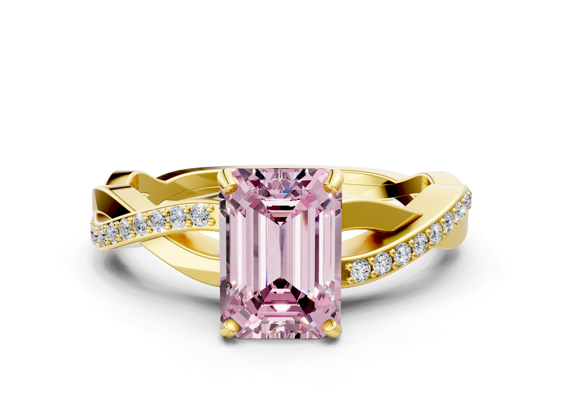 Yellow gold Fancy Pink Emerald  Cut Diamond Twisted Band Engagement Ring with Prong Setting_3