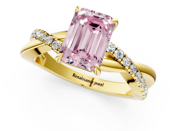 Yellow gold Fancy Pink Emerald  Cut Diamond Twisted Band with Pavé Setting and Four-Prong Setting