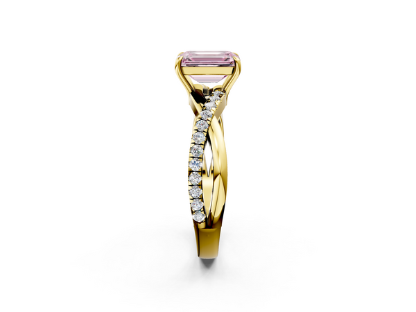Yellow gold Fancy Pink Emerald  Cut Diamond Twisted Band with Pavé Setting and Four-Prong Setting