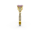 Yellow gold Fancy Pink Emerald  Cut Diamond with Milgrain Marquise and Bezel Accents on a Solitaire Band with Prong Setting_211