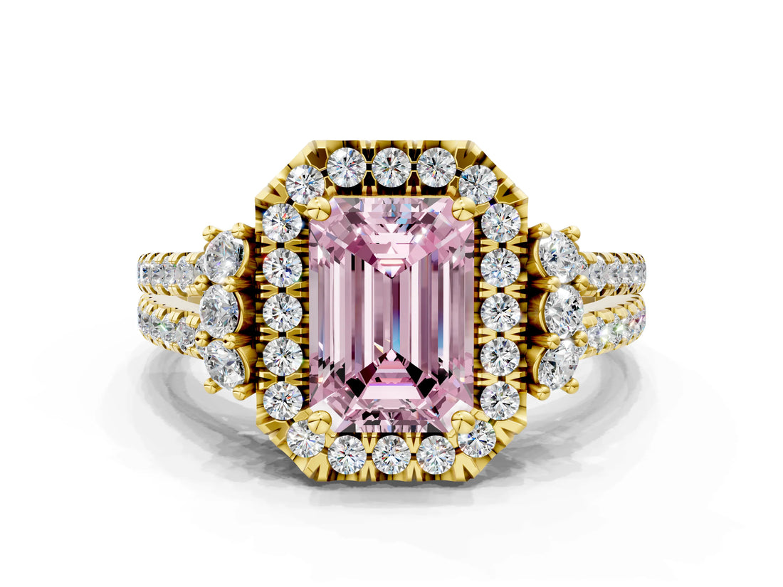 Yellow gold Fancy Pink Emerald  Cut Double Halo Diamond Engagement Ring with Pave Band and Four-Prong Setting_25