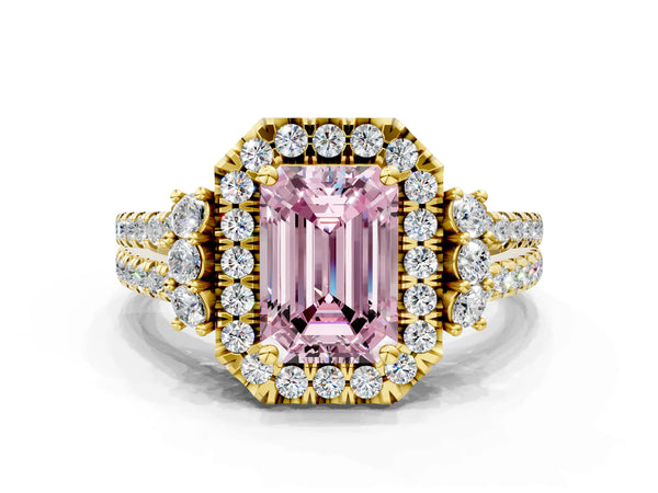 Yellow gold Fancy Pink Emerald  Cut Double Halo Diamond Engagement Ring with Pave Band and Four-Prong Setting