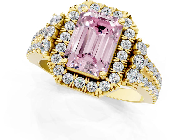 Yellow gold Fancy Pink Emerald  Cut Double Halo Diamond Engagement Ring with Pave Band and Four-Prong Setting