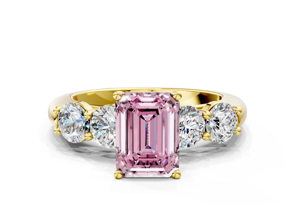 Yellow gold Fancy Pink Emerald  Cut Five-Stone Prong Set Diamond Ring with Classic Band