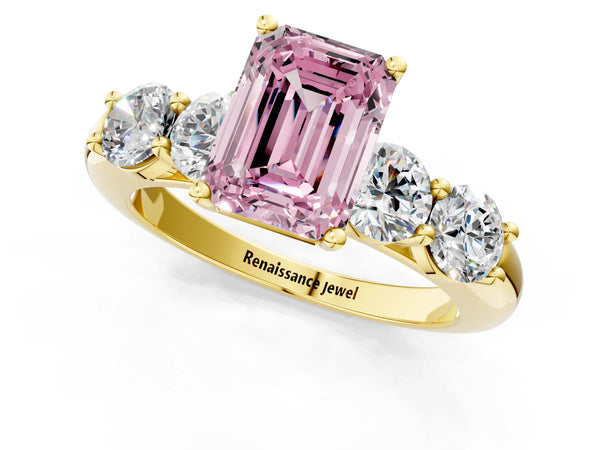 Yellow gold Fancy Pink Emerald  Cut Five-Stone Prong Set Diamond Ring with Classic Band