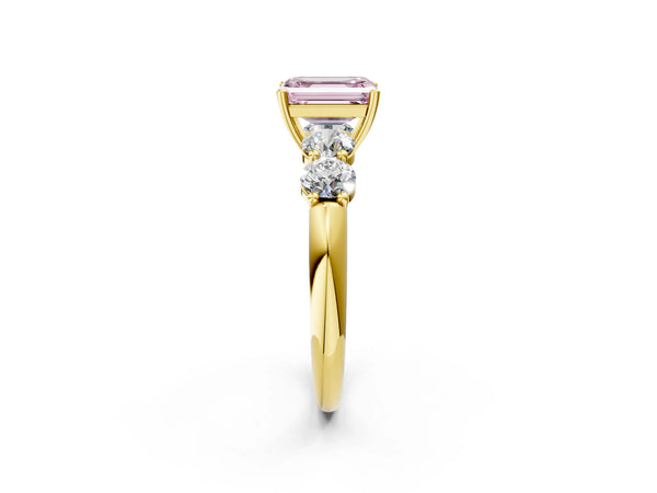 Yellow gold Fancy Pink Emerald  Cut Five-Stone Prong Set Diamond Ring with Classic Band