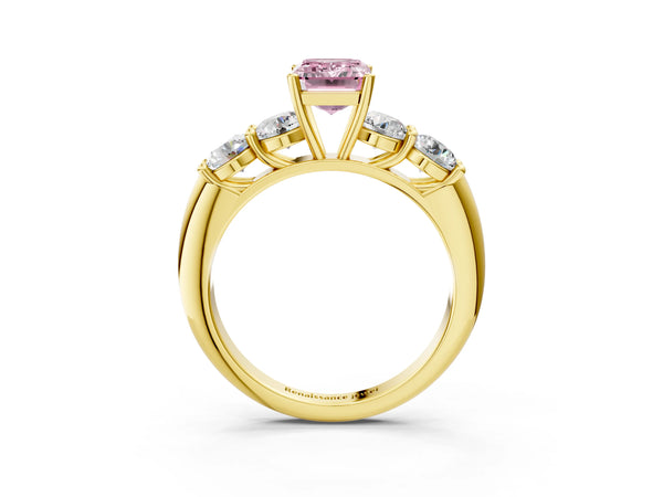 Yellow gold Fancy Pink Emerald  Cut Five-Stone Prong Set Diamond Ring with Classic Band