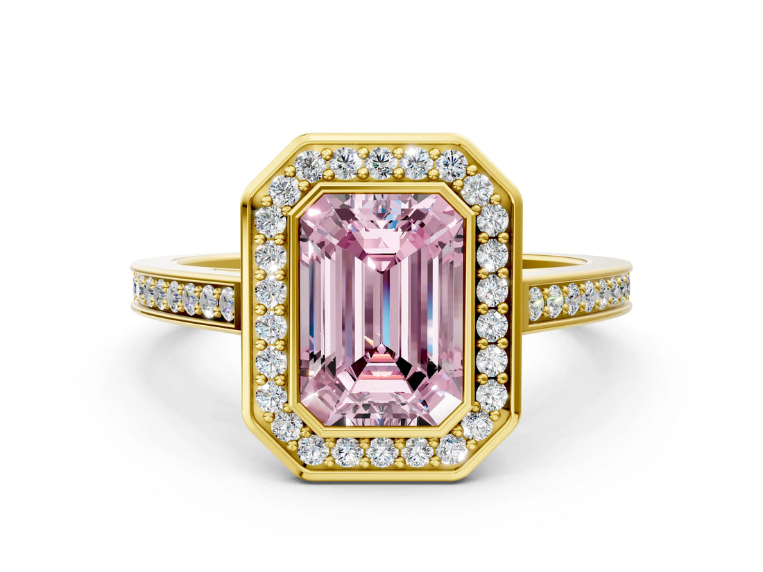 Yellow gold Fancy Pink Emerald Cut Halo Bezel Diamond Pave Band Ring_18