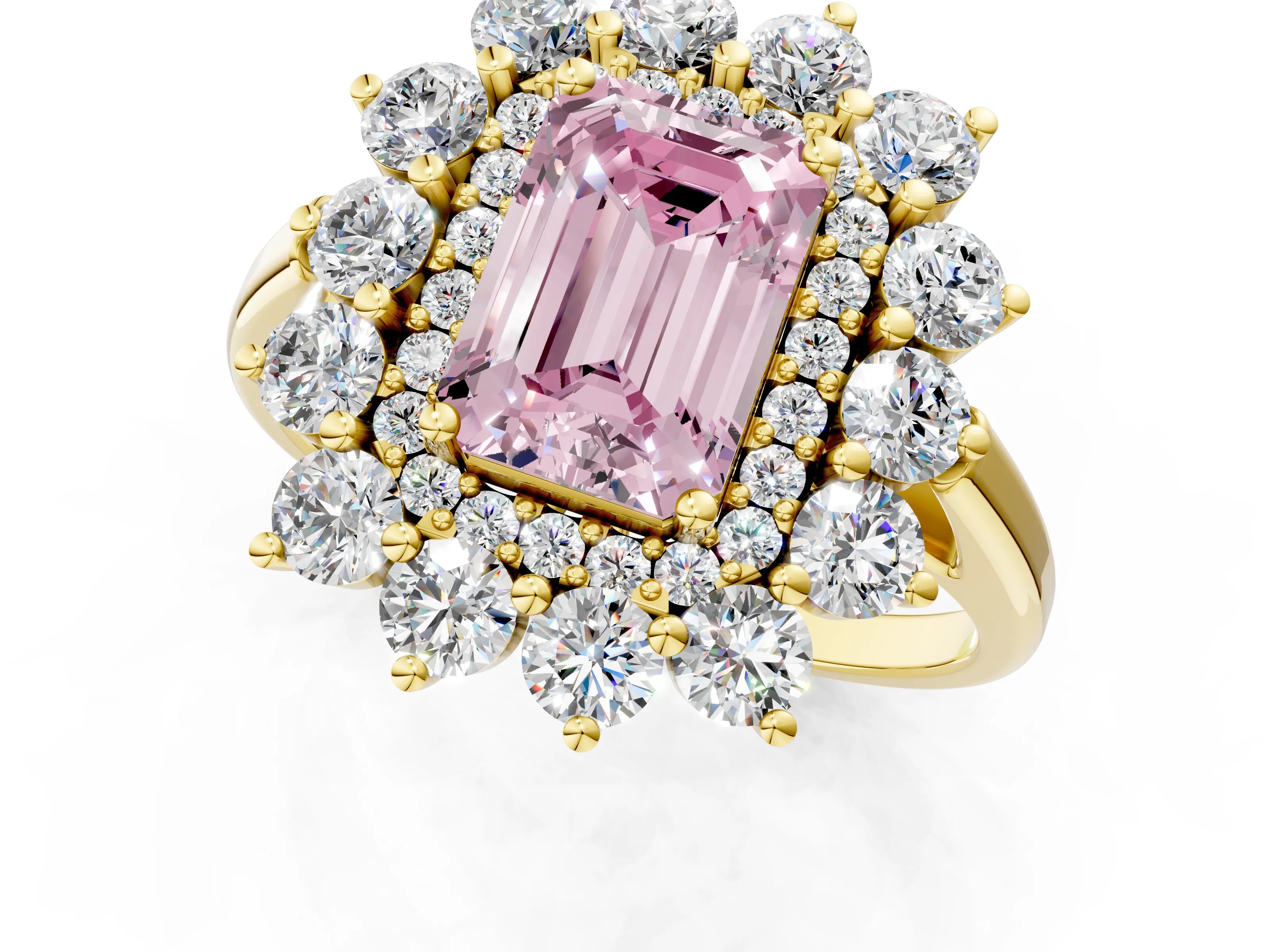 Yellow gold Fancy Pink Emerald Cut Halo Cluster Diamond Ring with Pave Band and Four-Prong Setting_1