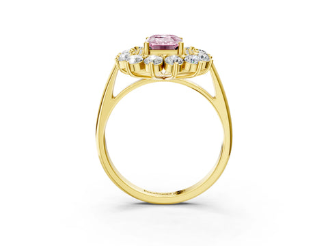 Yellow gold Fancy Pink Emerald Cut Halo Cluster Diamond Ring with Pave Band and Four-Prong Setting_3