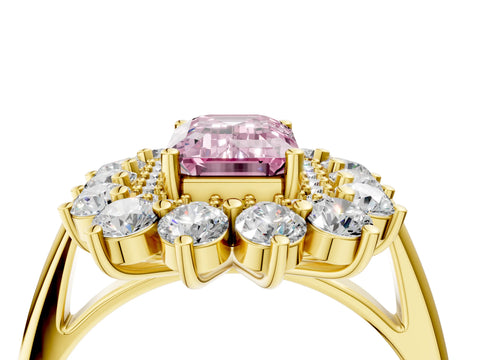 Yellow gold Fancy Pink Emerald Cut Halo Cluster Diamond Ring with Pave Band and Four-Prong Setting_4