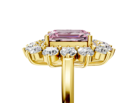 Yellow gold Fancy Pink Emerald Cut Halo Cluster Diamond Ring with Pave Band and Four-Prong Setting_5