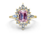 Yellow gold Fancy Pink Emerald Cut Halo Diamond Cluster Ring with Marquise and Round Stones on a White Gold Band with Prong Setting