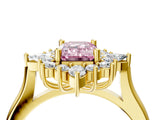 Yellow gold Fancy Pink Emerald Cut Halo Diamond Cluster Ring with Marquise and Round Stones on a White Gold Band with Prong Setting_4