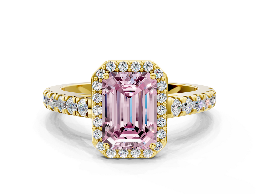 Yellow gold Fancy Pink Emerald  Cut Halo Diamond Engagement Ring with Pave Band and Four-Prong Setting_28
