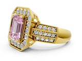 Yellow gold Fancy Pink Emerald Cut Halo Diamond Engagement Ring with Pave Split Shank and Four-Prong Setting