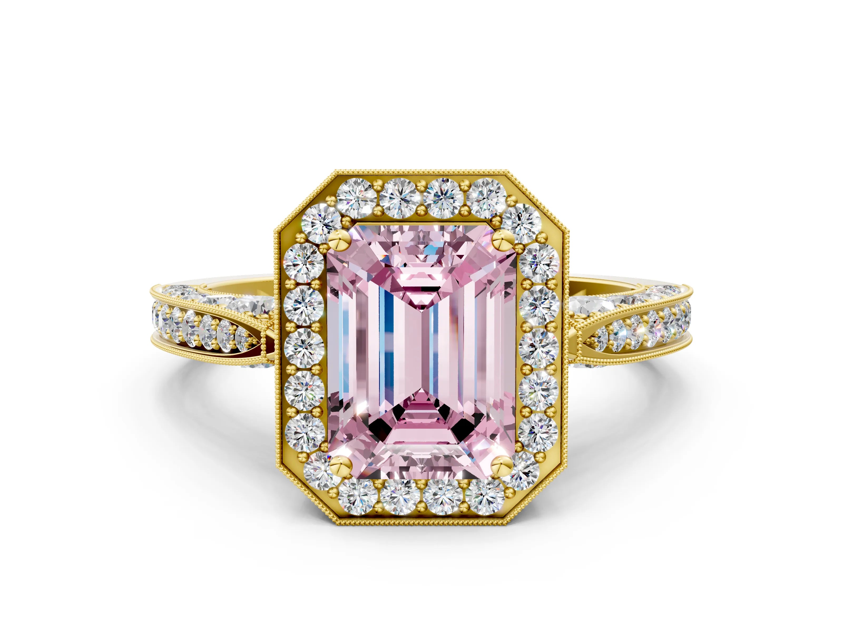 Yellow gold Fancy Pink Emerald Cut Halo Diamond Engagement Ring with Split Shank Band and Four-Prong Setting