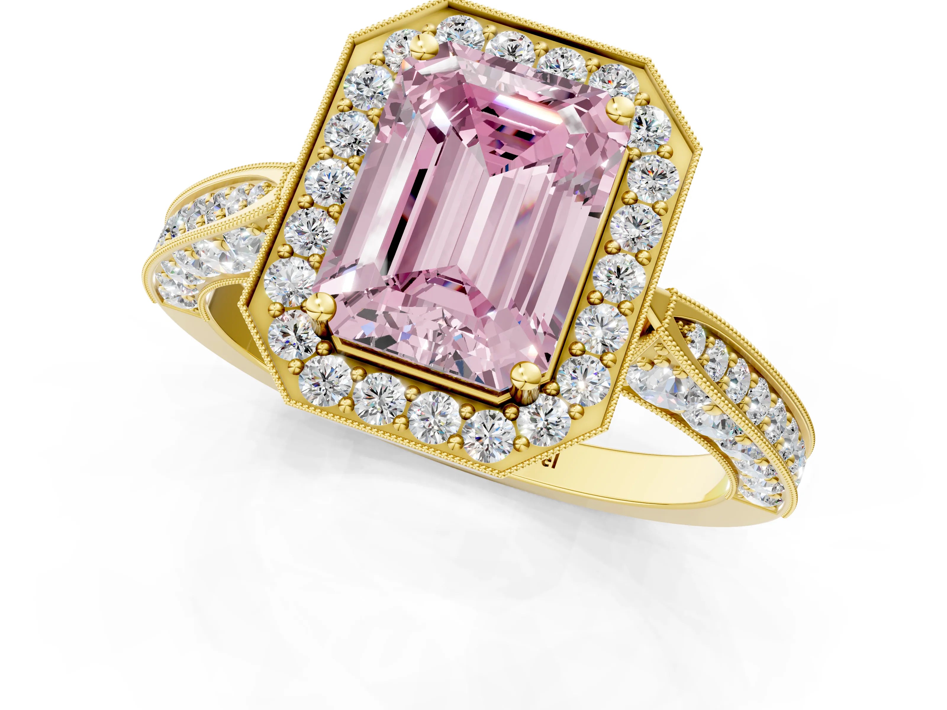 Yellow gold Fancy Pink Emerald Cut Halo Diamond Engagement Ring with Split Shank Band and Four-Prong Setting_1