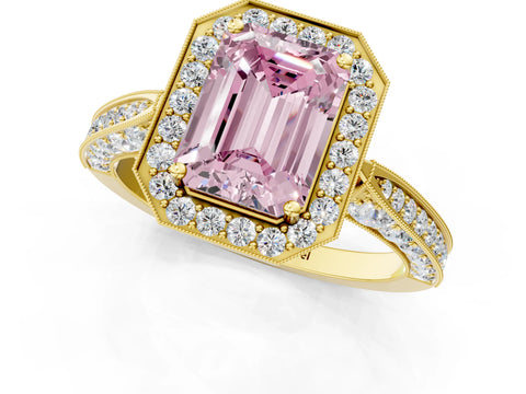 Yellow gold Fancy Pink Emerald Cut Halo Diamond Engagement Ring with Split Shank Band and Four-Prong Setting_1