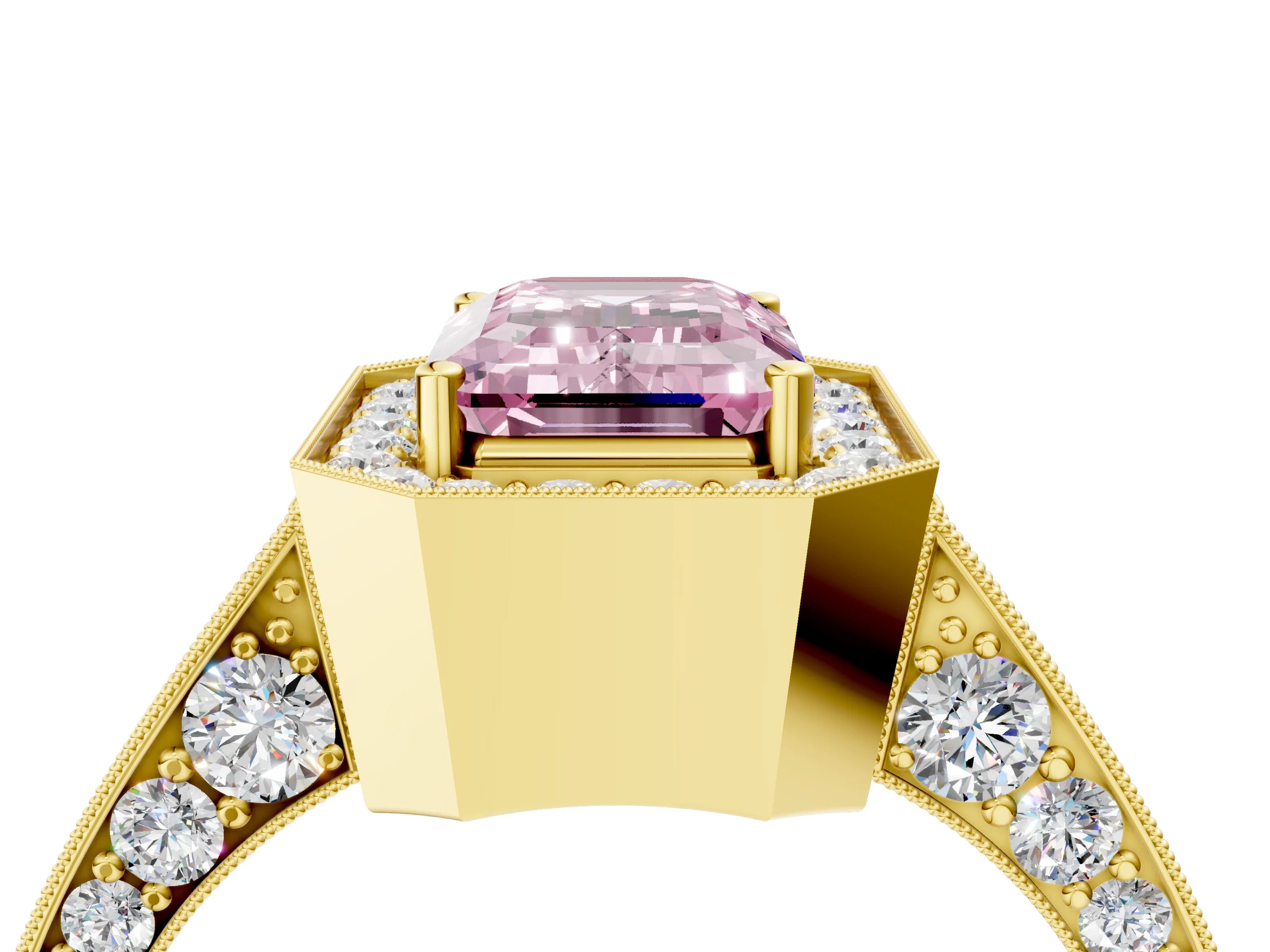 Yellow gold Fancy Pink Emerald Cut Halo Diamond Engagement Ring with Split Shank Band and Four-Prong Setting_4