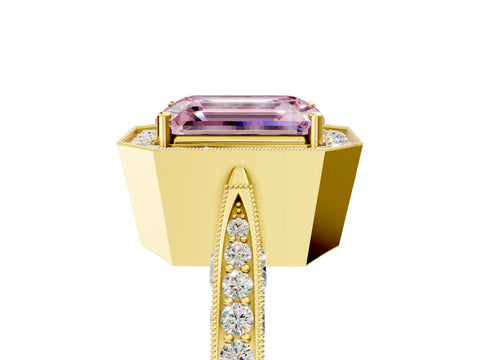 Yellow gold Fancy Pink Emerald Cut Halo Diamond Engagement Ring with Split Shank Band and Four-Prong Setting_5