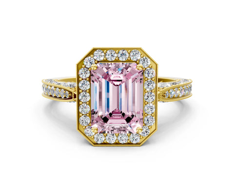 Yellow gold Fancy Pink Emerald Cut Halo Diamond Engagement Ring with Split Shank Band and Four-Prong Setting