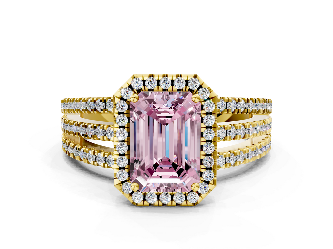 Yellow gold Fancy Pink Emerald  Cut Halo Diamond Engagement Ring with Split Shank and Four-Prong Setting_20