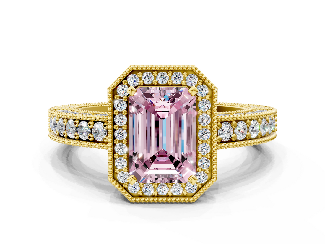 Yellow gold Fancy Pink Emerald  Cut Halo Diamond Pave Band Ring with Four-Prong Setting_45