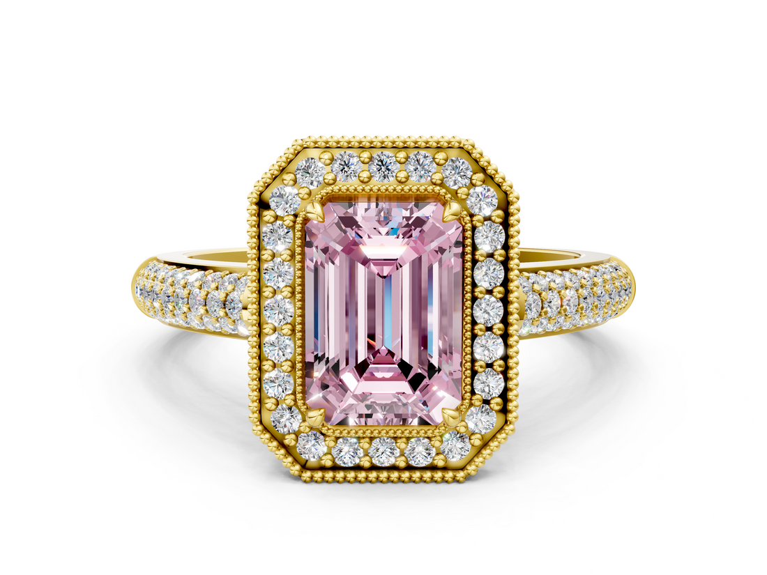 Yellow gold Fancy Pink Emerald  Cut Halo Diamond Pave Band with Four-Prong Setting_38