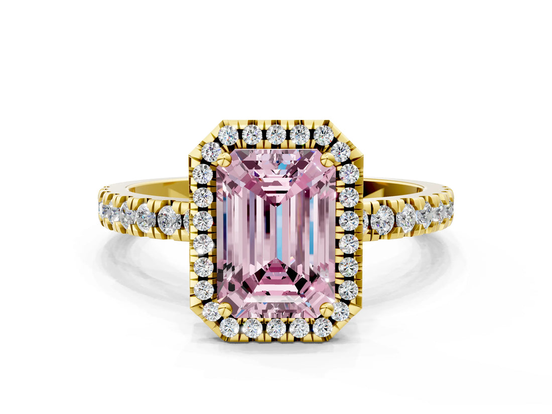 Yellow gold Fancy Pink Emerald Cut Halo Diamond Pave Band with Prong Setting