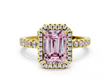 Yellow gold Fancy Pink Emerald Cut Halo Diamond Pave Band with Prong Setting