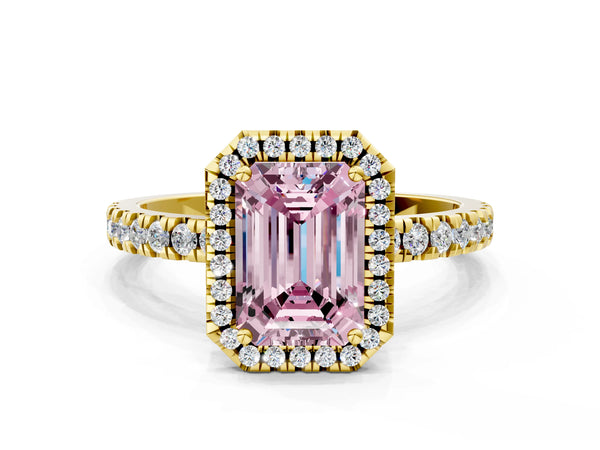 Yellow gold Fancy Pink Emerald Cut Halo Diamond Pave Band with Prong Setting