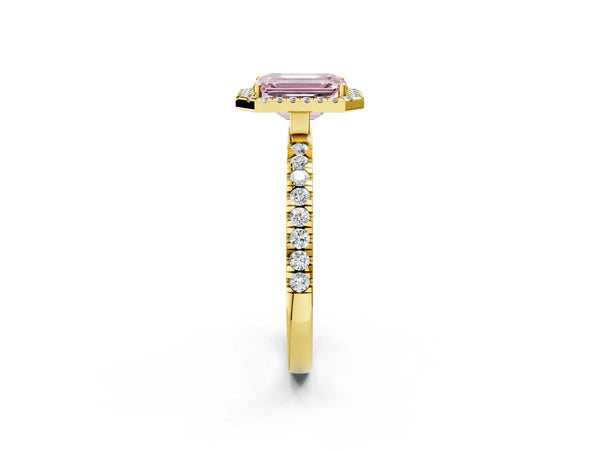 Yellow gold Fancy Pink Emerald Cut Halo Diamond Pave Band with Prong Setting