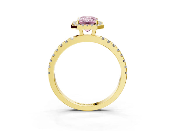 Yellow gold Fancy Pink Emerald Cut Halo Diamond Pave Band with Prong Setting