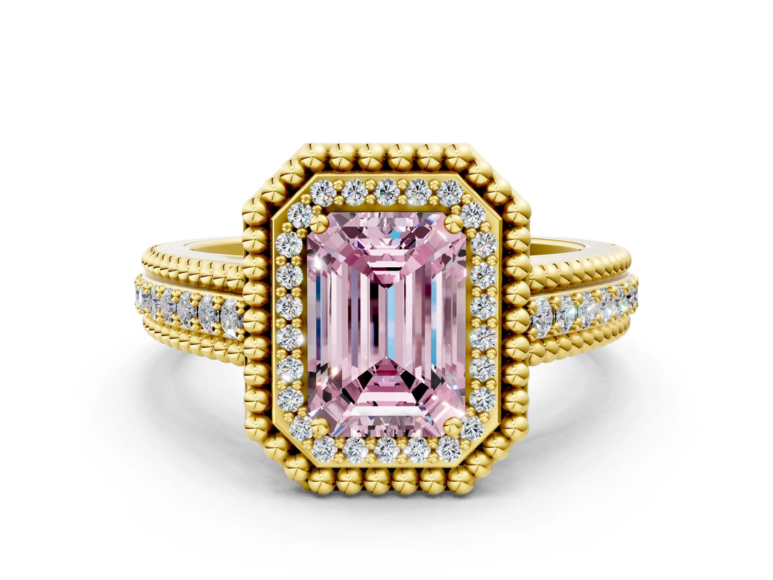 Yellow gold Fancy Pink Emerald Cut Halo Diamond Ring with Beaded Split Shank and Four-Prong Setting