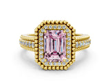 Yellow gold Fancy Pink Emerald Cut Halo Diamond Ring with Beaded Split Shank and Four-Prong Setting