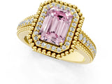 Yellow gold Fancy Pink Emerald Cut Halo Diamond Ring with Beaded Split Shank and Four-Prong Setting_1