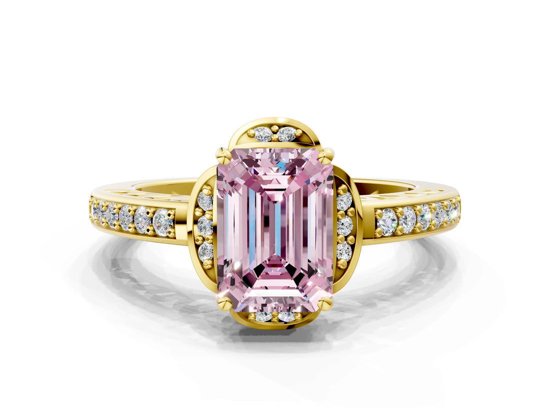 Yellow gold Fancy Pink Emerald  Cut Halo Diamond Ring with Channel Set Band and Four-Prong Setting_32