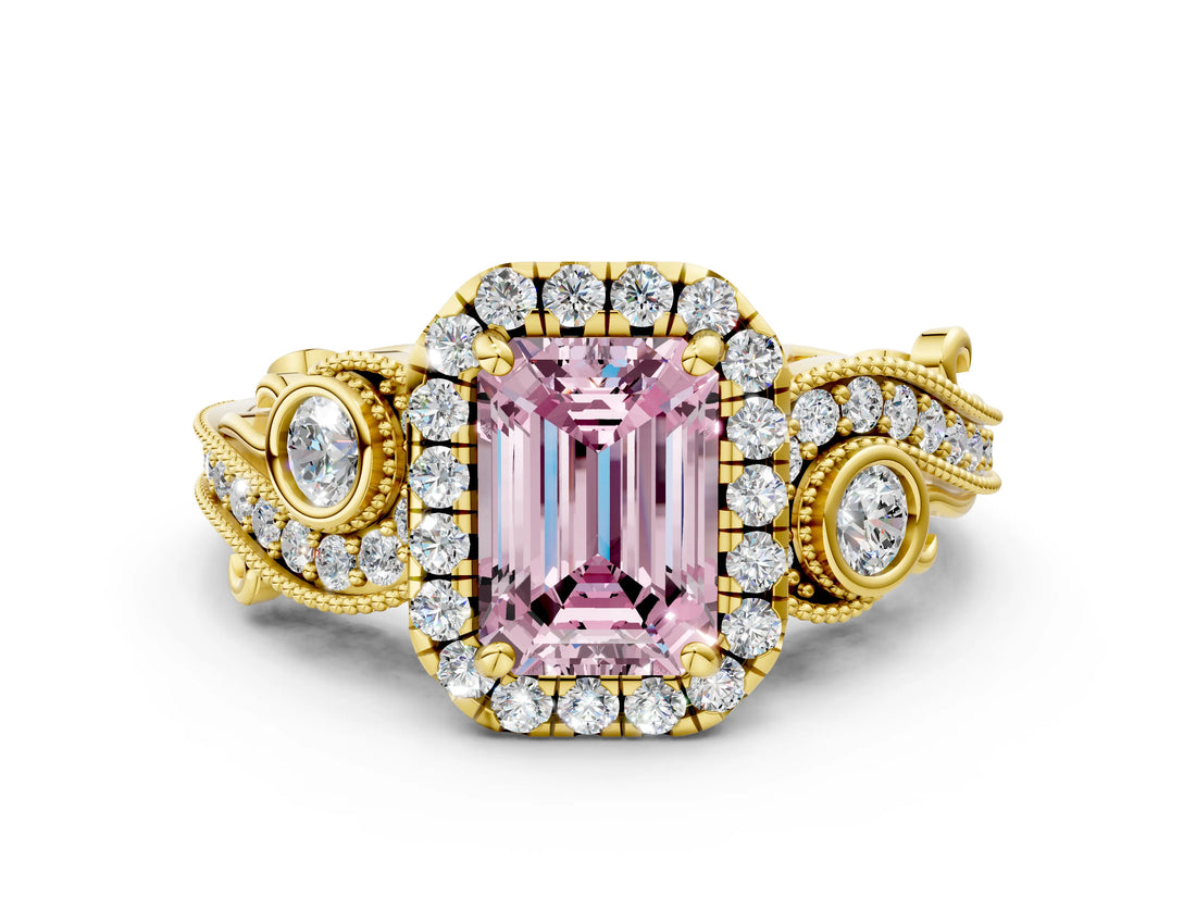 Yellow gold Fancy Pink Emerald Cut Halo Diamond Ring with Milgrain and Bezel Accents on a Split Shank Band_12