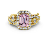 Yellow gold Fancy Pink Emerald Cut Halo Diamond Ring with Milgrain and Bezel Accents on a Split Shank Band_12