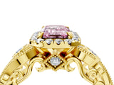 Yellow gold Fancy Pink Emerald Cut Halo Diamond Ring with Milgrain and Bezel Accents on a Split Shank Band_16